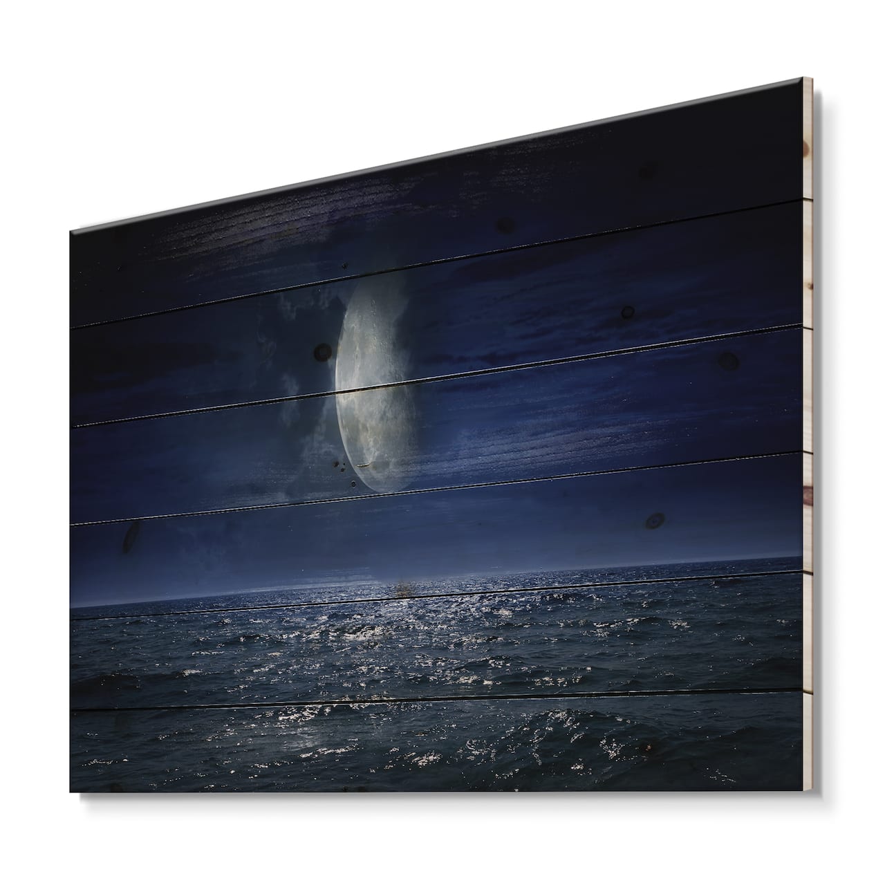 Designart - Full Moon Over Dark Ocean At Night - Nautical & Coastal Print on Natural Pine Wood